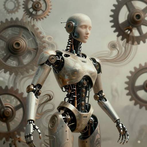 Digital art of a silver, humanoid robot with exposed gears and wires, standing against a background of large, rusted gears and swirling smoke. Steamp