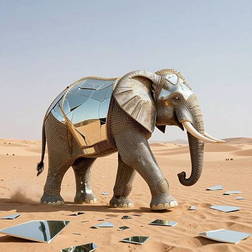 Digital art of a textured, metallic elephant with reflective silver plates on its back, standing in a bright, sandy desert with scattered mirrored fragments.