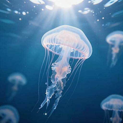 Photograph of glowing jellyfish with translucent white bodies and flowing tentacles, illuminated by sunlight in a dark blue underwater scene.