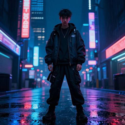 Cyberpunk city street at night, wet pavement, neon lights, Asian man in black jacket, hood up, holding gun, serious expression.