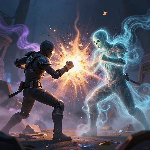 Digital artwork of a armored soldier firing a bright, explosive blast at a glowing, ethereal blue ghost in a dark, ruined cathedral.