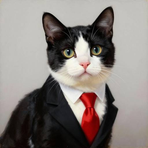 Photograph of a black-and-white cat with green eyes, wearing a black suit and bright red tie, against a plain white background.