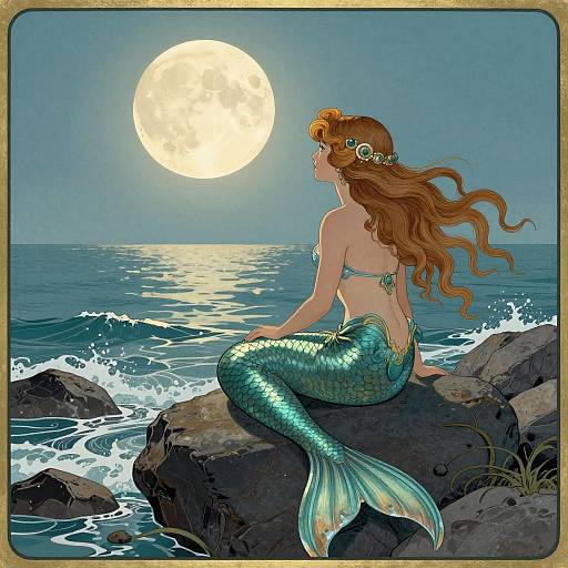 Digital illustration of a mermaid with long wavy brown hair, green scales, and a flower crown, sitting on rocks, gazing at a full