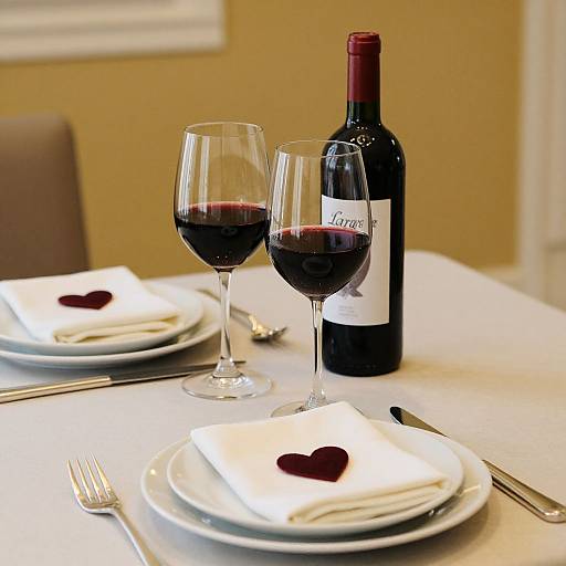 Photograph of a dining table with two white plates, each with a napkin and red heart, two glasses of red wine, and a bottle of