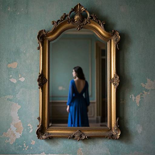 Photograph of an ornate, gold-framed mirror reflecting a blurred woman in a blue dress, standing in a dimly lit, peeling green