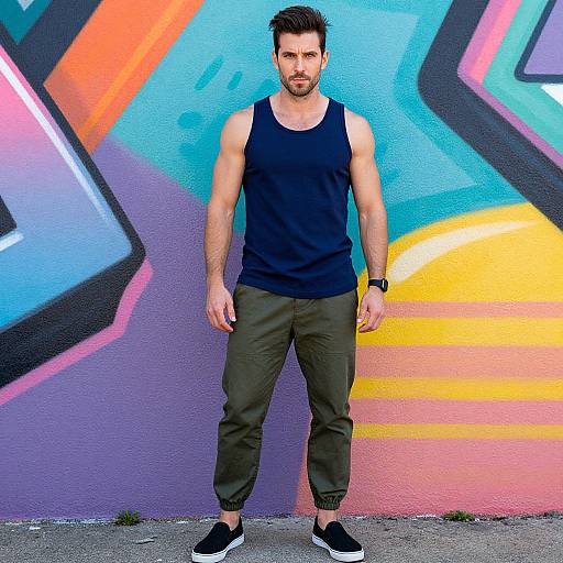 Photograph of a muscular, bearded man with short black hair, wearing a navy tank top, olive pants, and black sneakers, standing against a