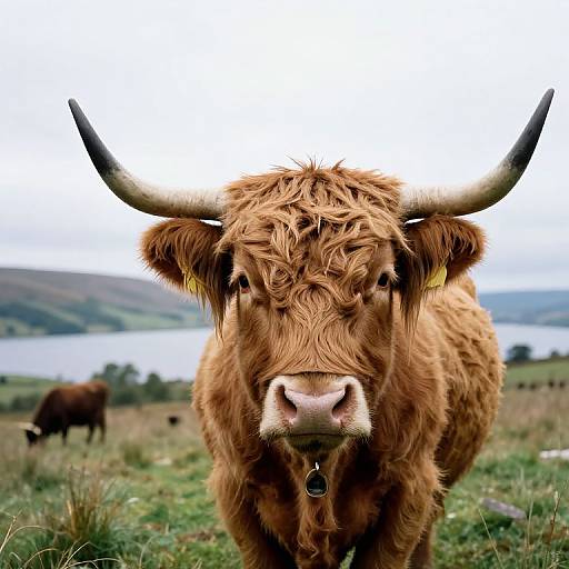 Photograph of a Highland cow with curly red-brown fur, large black horns, and a black bell collar, standing in a grassy field with