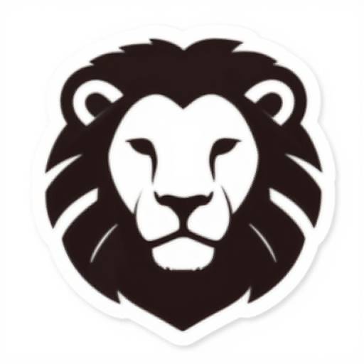Black and white digital lion head logo with bold, stylized mane, symmetrical features, and minimalistic design. Bold contrast emphasizes strong, regal