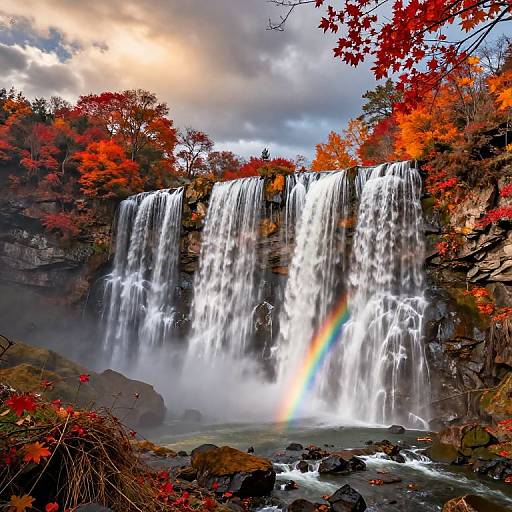 Photograph of a multi-tiered waterfall with a vivid rainbow, surrounded by vibrant red and orange autumn leaves, under a cloudy sky.