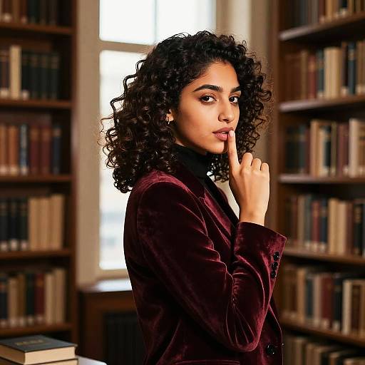 Photograph of a curly-haired, dark-skinned woman in a maroon velvet jacket, standing thoughtfully in a library with bookshelves.