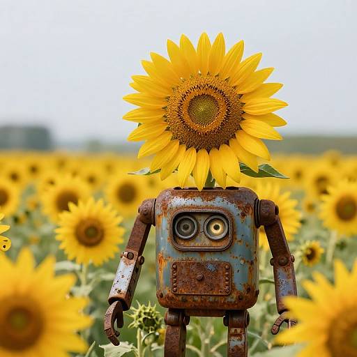 Rusty robot with yellow sunflower head stands in vibrant sunflower field, its single eye and buttons contrasting with bright yellow petals.