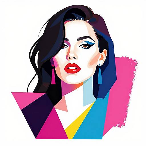 Digital pop art portrait of a woman with black hair, red lips, blue eyeshadow, wearing geometric earrings and colorful abstract background.