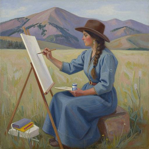 Painting of a woman in a blue dress and brown hat, painting landscape on easel in grassy field with mountains.