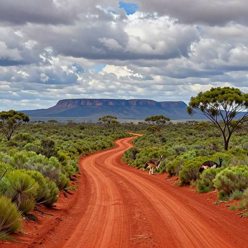 Photograph of a winding, vibrant red dirt road through lush green bushland, leading to a distant, blue-hued mountain under a dramatic, cloudy