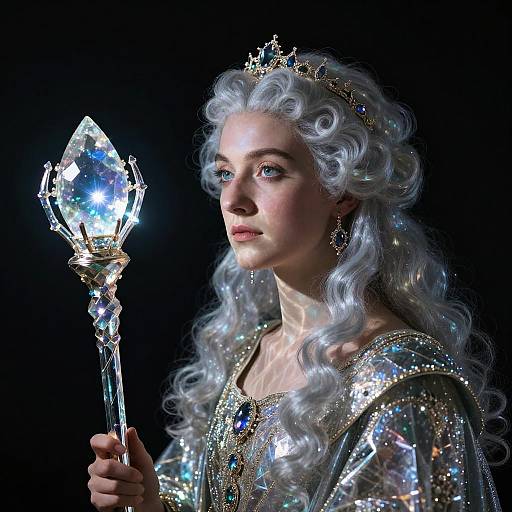 Photograph of a regal, fair-skinned woman with silver curly hair, wearing a sparkling blue and gold crown, holding a glowing diamond scepter