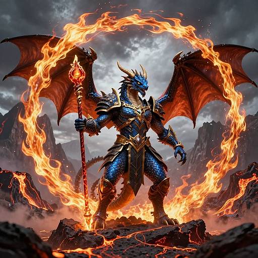 Fierce Blue Dragon Warrior in Lava