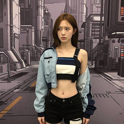 Digital art of an Asian woman with brown hair, wearing a blue jacket, black and white striped crop top, and black pants, standing in a futuristic