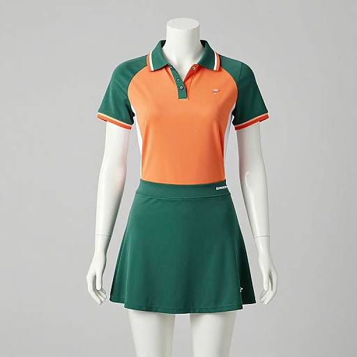 Photograph of a white mannequin wearing a bright orange and dark green polo shirt with matching skirt, against a plain white background.
