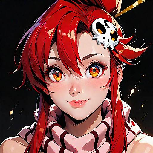 Anime Style Red-Haired Girl with Skull Hair Ornament
