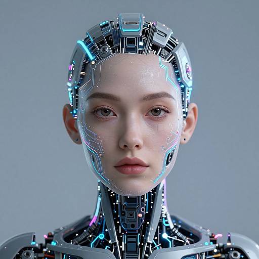 Photorealistic CGI of a young, pale-skinned woman with a cybernetic head, glowing circuit patterns, and blue neon accents, against a