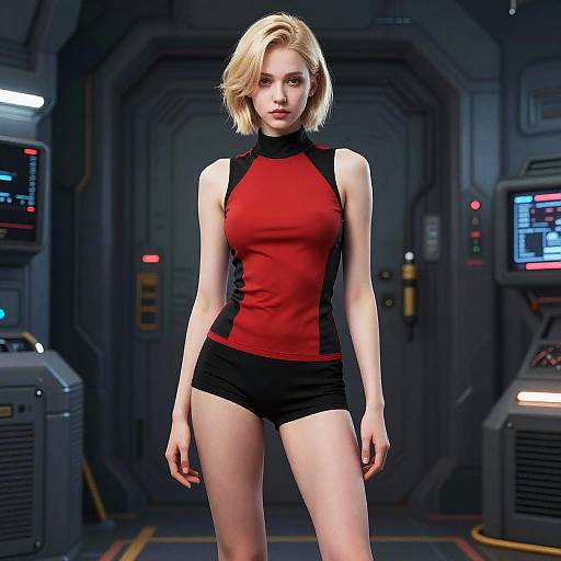 Cyberpunk Blonde Woman in Red and Black Outfit