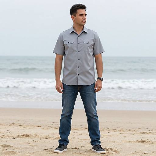 Photograph of a muscular, short-haired man in a light gray button-up shirt, blue jeans, black shoes, standing on a sandy beach with the