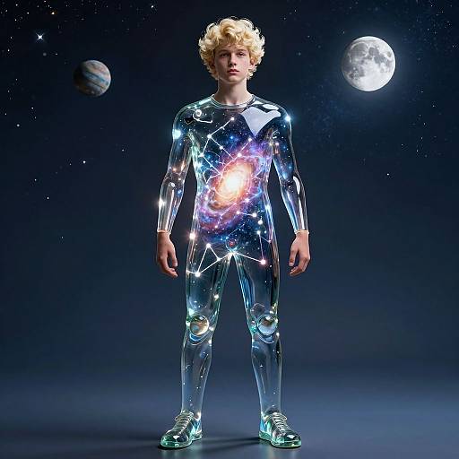 Photorealistic CGI of a curly-haired person in a reflective, cosmic-themed bodysuit with a glowing starburst on chest, standing against a star