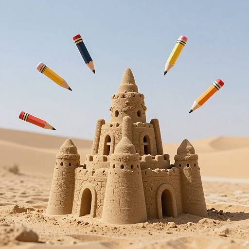 Photograph of a detailed sandcastle with multiple turrets and arches, surrounded by floating colored pencils in a sunny desert.
