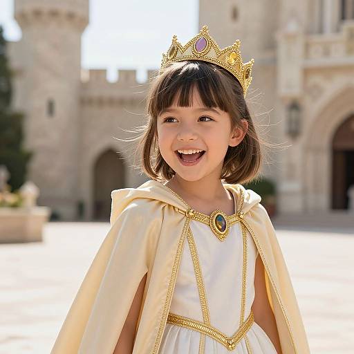 Photograph of a smiling young Asian girl with short brown hair, wearing a gold crown, white dress with gold trim, and cream cape, in front