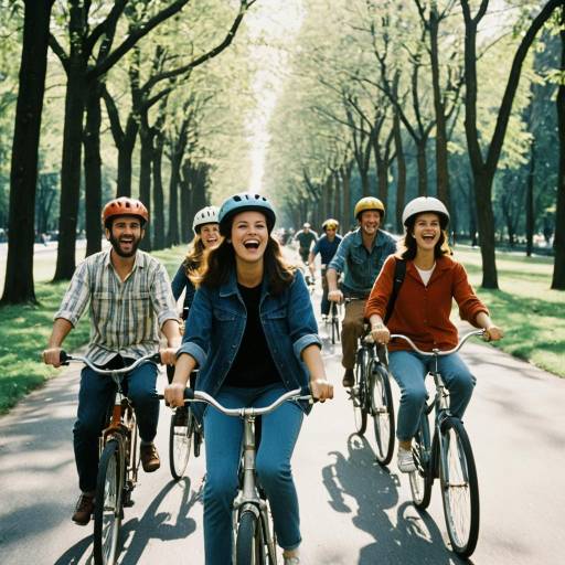Group of Friends Cycling on Tree-Lined Avenue