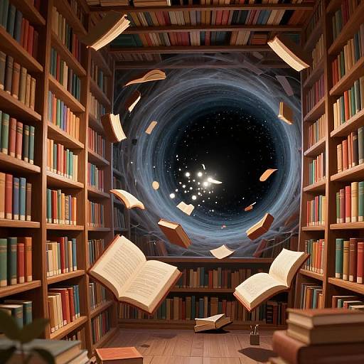 Surreal Floating Library Above Black Hole