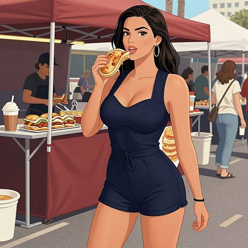 Digital illustration of a curvy woman with long black hair, wearing a black sleeveless romper, eating a slice of pizza at an outdoor food festival