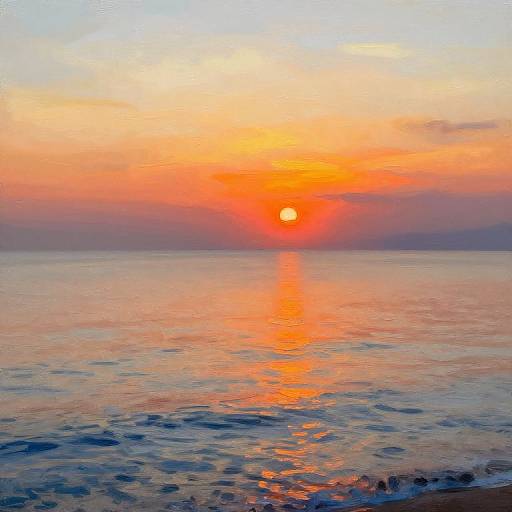 Photograph of a vibrant sunset over a calm ocean, with the sun casting an orange-red reflection on the water's surface.