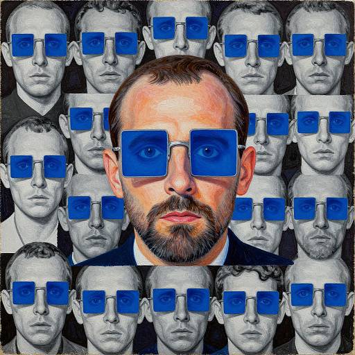 Digital collage: Central, colored photograph of bearded man with blue square glasses, surrounded by black-and-white, grayscale headshots of men also wearing blue