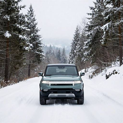 Rivian R1S Driving Through Snowy Pines