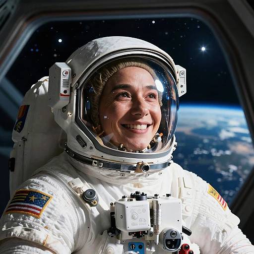 Photograph of smiling female astronaut in white spacesuit with helmet, visible Earth and stars through space station window background.