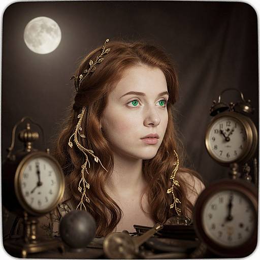 Photograph of a fair-skinned, green-eyed, red-haired woman with golden vine hair adornments, surrounded by vintage clocks, under a full moon