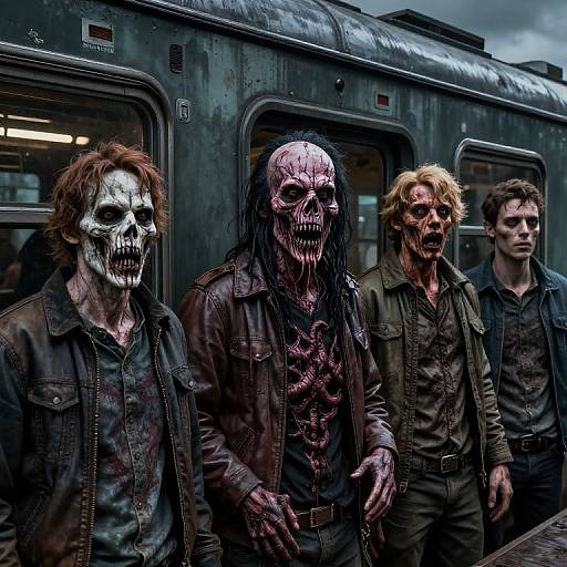 Photograph-style CGI: Four grimy, zombie-like men with grotesque, blood-stained faces and worn clothes stand in front of a dark,