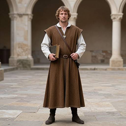 Photograph of a bearded man in medieval brown tunic, white shirt, holding book, standing in stone courtyard with arched columns.