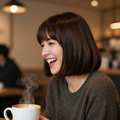 Woman Laughing in Cozy Coffee Shop