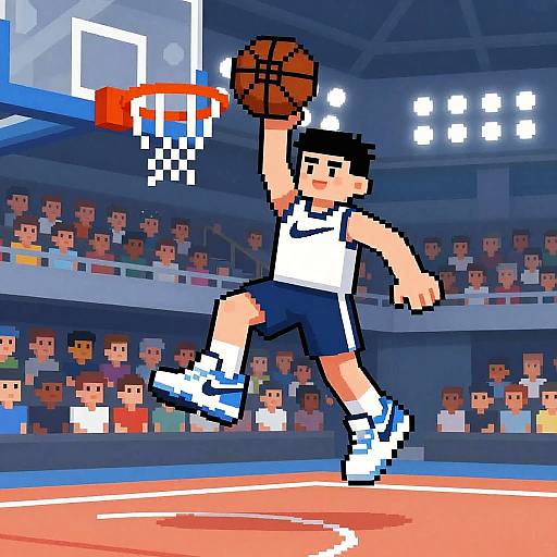 Pixel art of a young male basketball player in white jersey and blue shorts, dunking a ball into a brightly lit stadium.