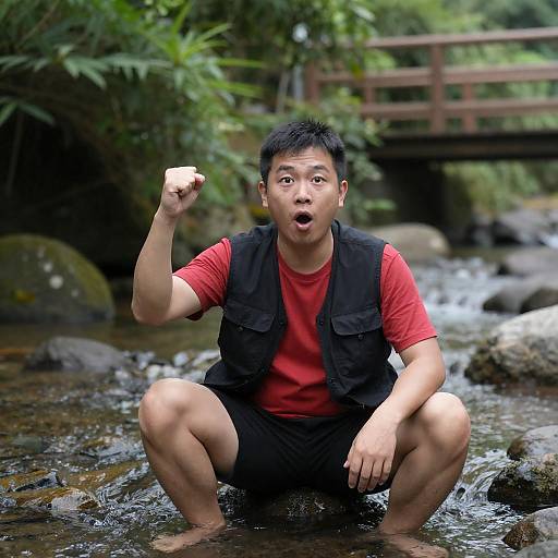 Surprised Asian Man in Nature