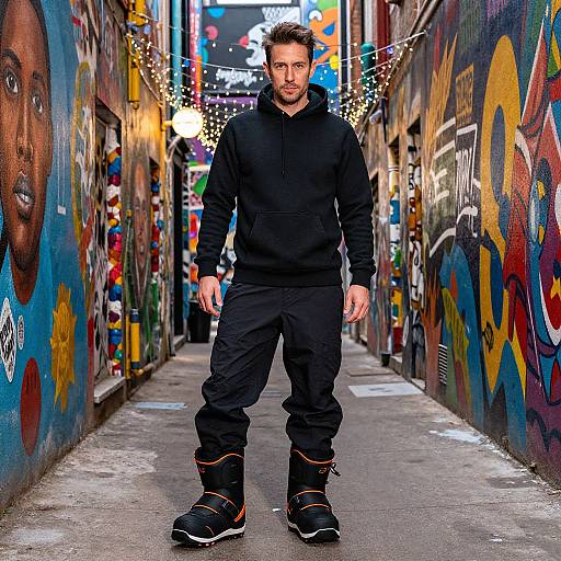 Photograph of a bearded man in black hoodie, pants, and sneakers walking through a vibrant, graffiti-covered urban alley at night.