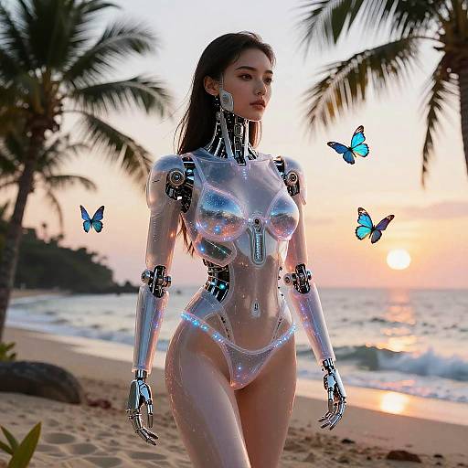 Photorealistic digital art: Cybernetic woman with glowing blue circuits, wearing transparent bikini, stands on tropical beach at sunset, surrounded by blue butterflies