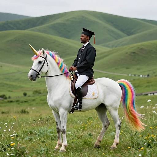 Photorealistic Unicorn Ride on Green Hills