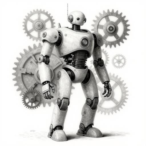 Digital illustration of a robotic humanoid with white and black metallic segments, standing with large, overlapping gears in the background.