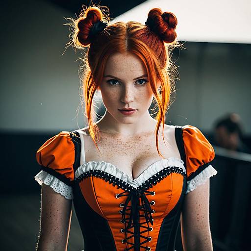 Red-haired Woman in Orange Corset Costume