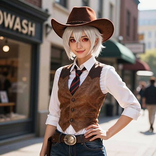 Photograph of a white-haired, anime-style cosplayer wearing a brown cowboy hat, white shirt, brown vest, black tie, and blue jeans,
