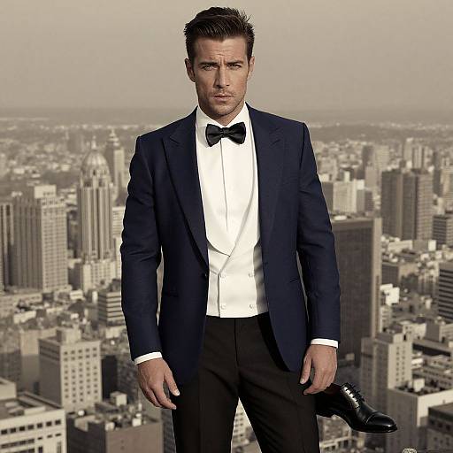 Photograph of a handsome, serious-looking man in a black tuxedo, white shirt, black bow tie, standing on a city rooftop with a