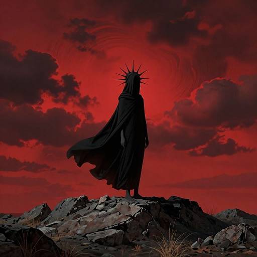Silhouetted figure with crown and cloak stands on rocky terrain under a dramatic, red sky with swirling clouds. Digital art.